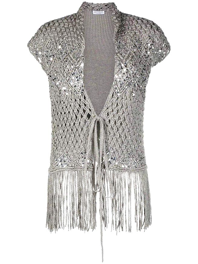 镂空与流苏是关颖最爱的2个时尚元素，镂空羊毛上衣17万4300元。（Brunello Cucinelli提供）