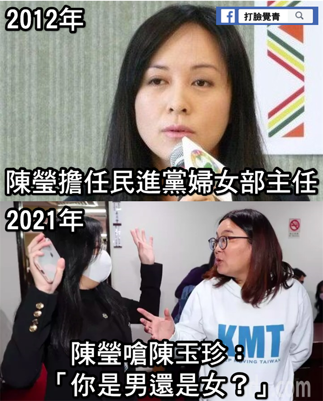 民进党立委陈莹（上图、下图左）、国民党立委陈玉珍（下图右）。（图／取自脸书「打脸觉青」）