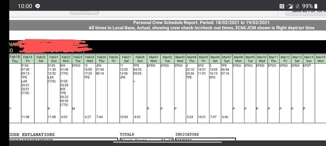 机组员展示值勤-居家检疫的无限轮迴班表，2／19-2／22 台北-洛杉矶-台北，2／23 在台检疫，2／24-2／28 台北-纽约-台北，3／1-3／3 在台检疫，3／4-3／7 台北-旧金山-台北，3／8-3／14 在台检疫(机师工会提供)