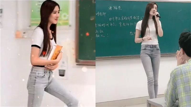 網路瘋傳一段9秒的影片，片中一名女長髮及胸的女老師，身穿T恤及貼身牛仔褲，露出小蠻腰，令不少網友暴動直喊「我要上學」。（圖／翻攝自抖音）