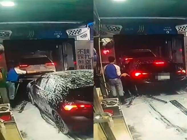 1名网友到自动洗车厂洗车，汽车才刚进入输送带中准备清洁，没想到就遭后车车辆往前直接撞上。（图／翻摄自爆料公社）