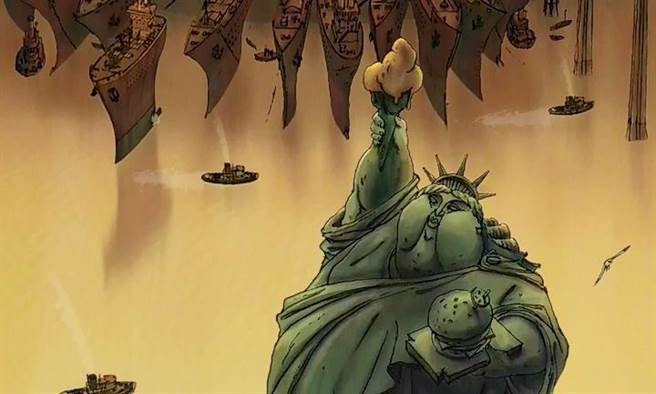 《佳丽村三姊妹》一手举着霜淇淋、一手端拿汉堡的自由胖女神像。（海鹏提供）