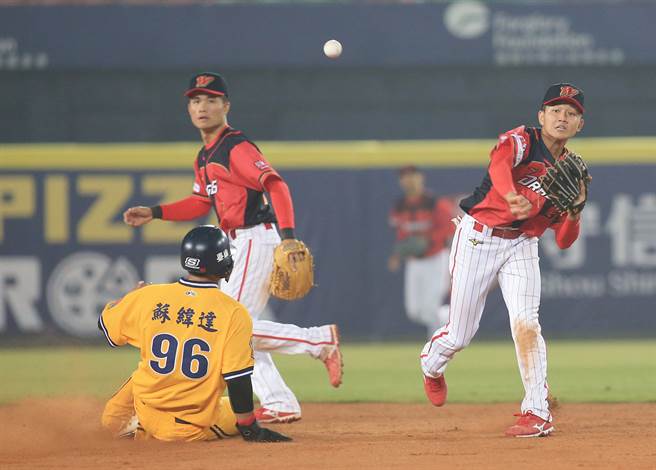 味全龙二垒手曾传升（右）。（资料照／黄国峰摄）