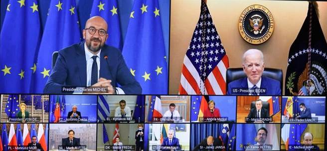 中国是欧盟重要的贸易伙伴，双方从中获益颇丰，因此欧盟在对中国政策上，牵涉的不仅是经济利益，还包括贯彻「欧洲主权」的问题。图为拜登参加欧盟视频峰会。（图／推特@PeressottiGiu)