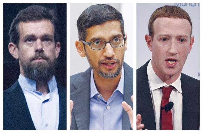 推特执行长多尔西、谷歌执行长皮查，与脸书执行长祖克伯（由左至右），25日出席眾议院能源商务委员会视讯听证会。图／美联社