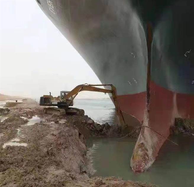 拯救長賜輪用挖泥疏浚法最為靠譜，但船頭底下淤泥很難挖，挖泥作業操作緩慢，會拖延更長的堵塞時間。（圖／路透）