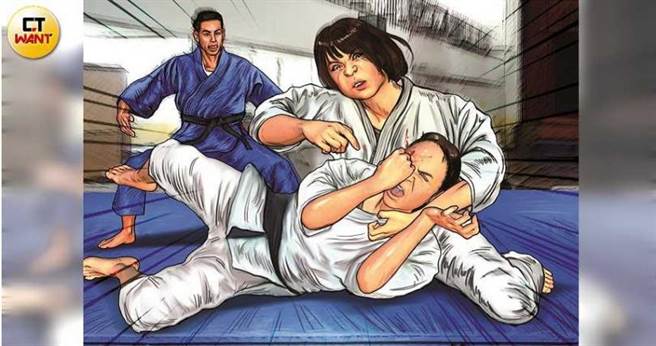 妮妮指控，学姊在比赛时，利用裁判的视线死角以手指戳入右眼，让她差点瞎掉。（图／本刊绘图组）