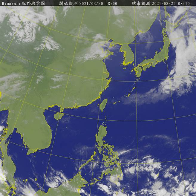 由於太平洋高壓勢力增強，北方鋒面雲系及低壓發展下不來，這周都是高溫炎熱的天氣，周日清明節東北風增強，北部、東半部變天降溫。(氣象局 衛星雲圖)
