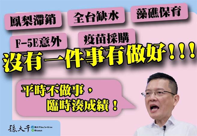 凤梨滞销、F-5E失事、全台缺水等问题不断，孙大千批政府「没有一件事有做好！」（图／摘自孙大千脸书）