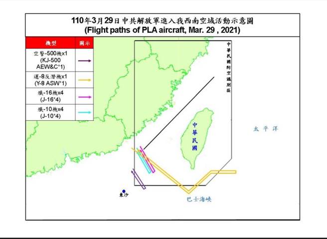 共機進入我西南防空識別區示意圖。空軍提供