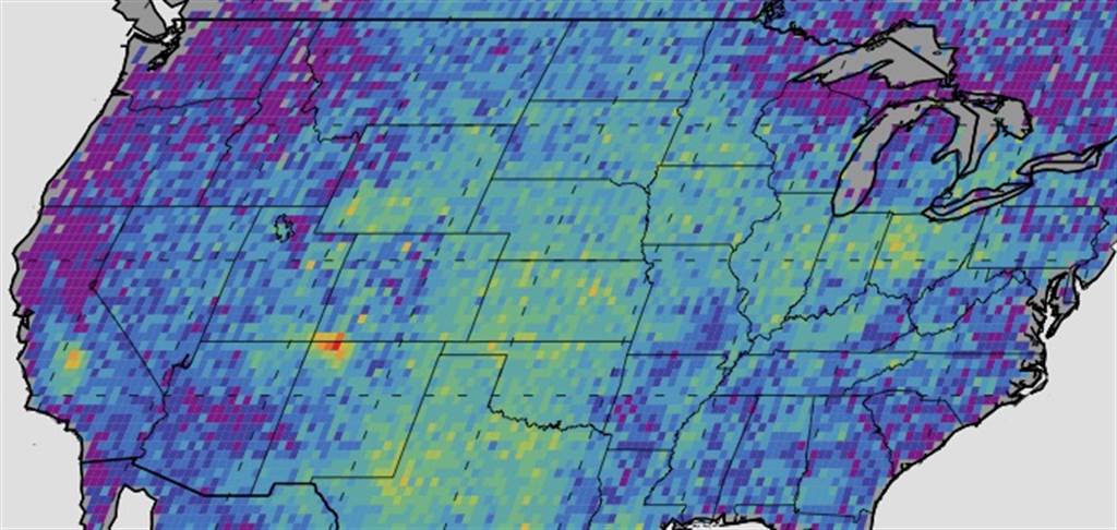 地球资源卫星侦测的美国甲烷排放地图，美国中部的油气田相当多。图/NASA(photo:ChinaTimes)
