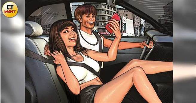 撞脸香港演员「八两金」的渣男杨博成租名车佯装富少，勾引嫩妹上床后再借款不还。（图／本刊绘图组）