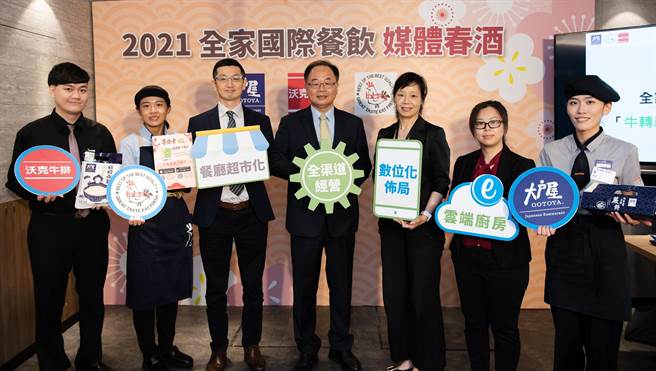 左3至右2為大戶屋品牌長八木原毅、全餐董事長吳勝福、全餐本部長辛紫綾 、bb.q品牌長林宜徵。（全餐提供）