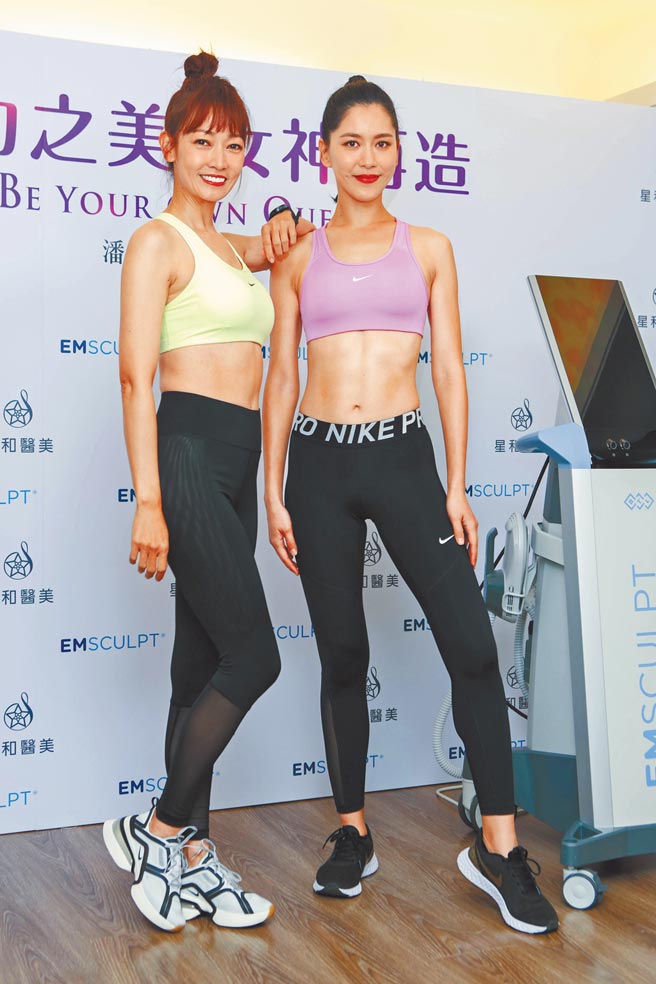潘慧如（左）、张家慧昨大秀川字肌，展现魔鬼训练3个月惊人成效。（吴松翰摄）