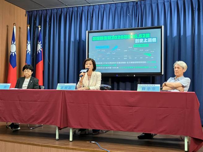 冯燕（左起）、王育敏及薛承泰举办「生不如死！台湾新生儿人数创史上最低仅16.52万」记者会。（黄福其摄）