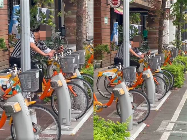1名網友在路邊直擊1名婦人在Youbike站做起飛輪運動，不過腳踏車並未離開裝置，讓原PO笑說「整個城市都是我（你）的健身房」。（圖／翻攝自臉書「路上觀察學院」）