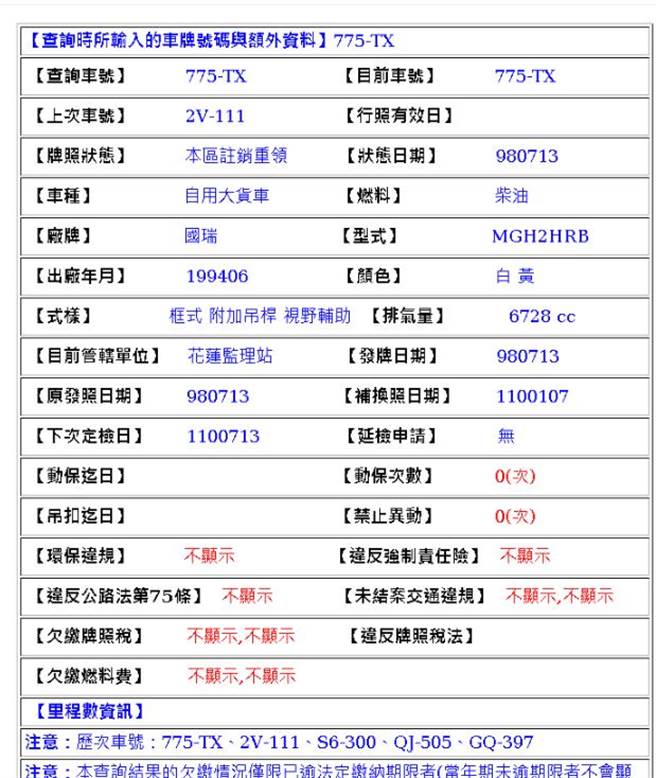 女网友查车牌发现，该工程车为自用，车龄高达27年，还曾易主5次，大嘆一辈子都赔不完。(图／爆废1公社)