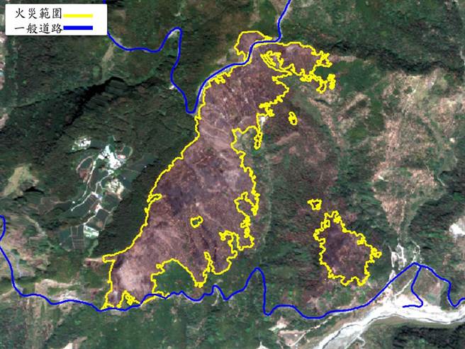 中央大学太遥中心以卫星技术遥测阿里山森林火灾灾后超高解析(Pléiades)卫星影像。(中央大学提供／李侑珊台北传真)