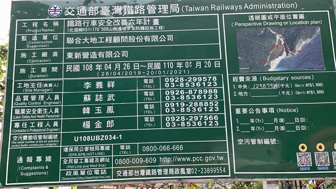 台铁太鲁阁发生事故的上方，进行「北迴线k51+170~500山侧边坡安全防护设施工程」。（图／摘自赖香伶脸书）