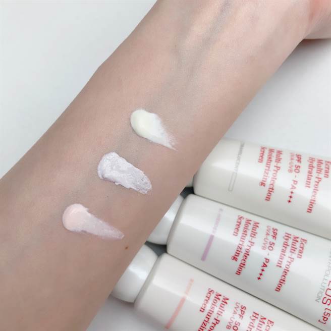 5P防御UV水凝乳总共有透明、粉红、粉紫三款选择。（邱映慈摄）