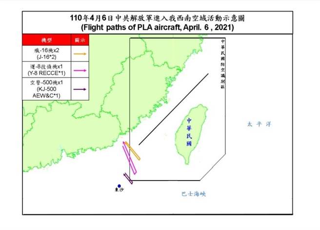 共机进入我西南防空识别区示意图。空军提供