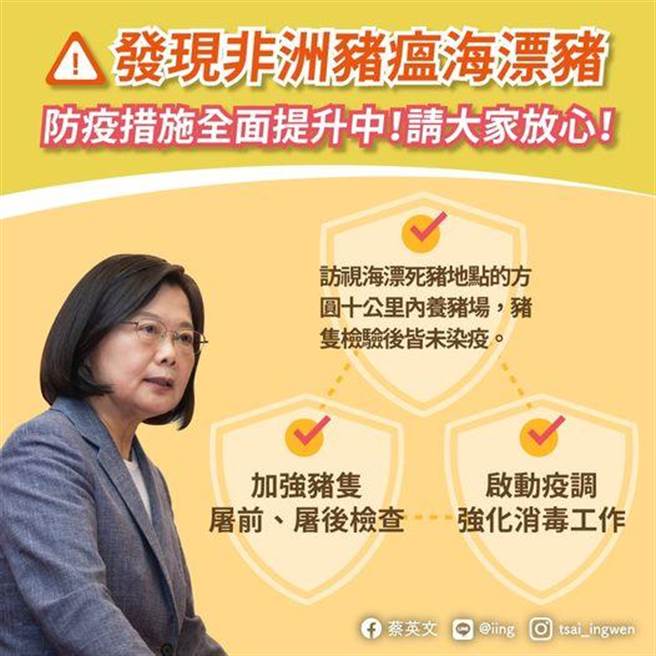台湾本岛首次发现染非猪瘟海漂猪   总统：防疫全面提升。（摘自蔡总统脸书）