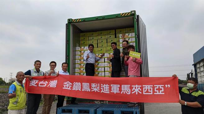 屏东县凤梨今年首销马来西亚，6日在屏东县南荔果生产合作社举行封柜。（潘建志摄）