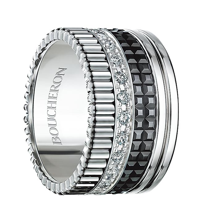 Boucheron经典Quatre Black系列戒指，白金、钻石、黑色PVD，32万9000元。（Boucheron提供）