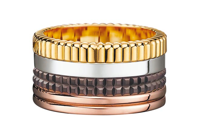 Boucheron经典Quatre Classique系列戒指，黄金、白金、玫瑰金、棕色PVD等，17万1500元。（Boucheron提供）