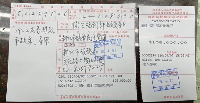 援助太鲁阁受害者 新北议会民进党团议员捐1日所得。（新北市议会民进党团提供／叶德正新北传真）