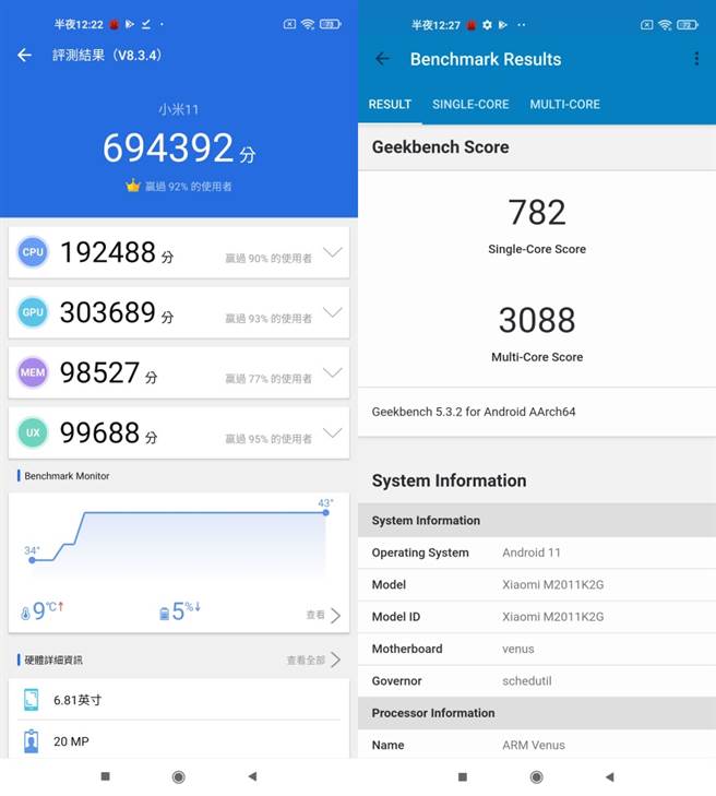 小米11的安兔兔评测（左）与Geekbench 5跑分成绩。（手机截图）