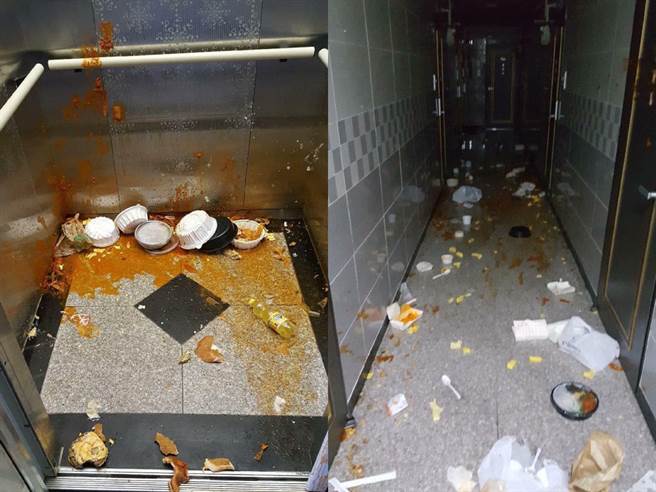 一名女子花2萬元訂外送，竟將餐點狂灑在租屋處的公寓走廊及電梯。（圖／截自臉書천안 대신전해드려요）