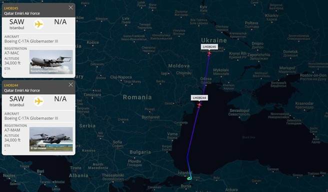 烏克蘭媒體刊登多張圖片顯示，有數架美製C-17全球霸王運輸機陸續從土耳其飛往烏克蘭，機上運送的很可能是烏克蘭政府軍急需的武器裝備。（圖／網路）