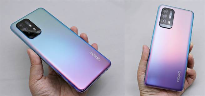 OPPO Reno5 Z机身蚀刻工艺呈现渐变色彩，不同持握角度可呈现不一样机身顏色，风格多变。（黄慧雯摄）