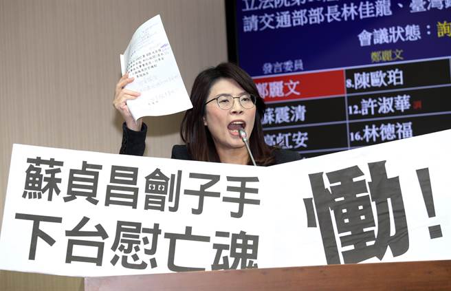 立委郑丽文7日在立法院交通委员会质询时怒批交通部。（姚志平摄）