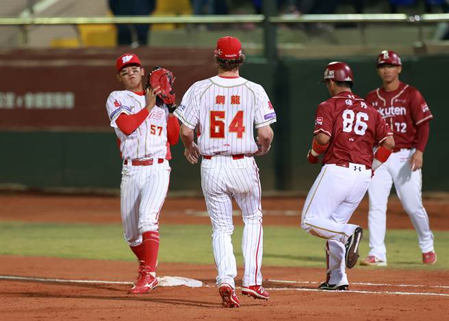 钢龙与朱祥麟（左）合力完成美技守备，这次美技守备也登上ESPN十大好球第3名。（中华职棒提供）