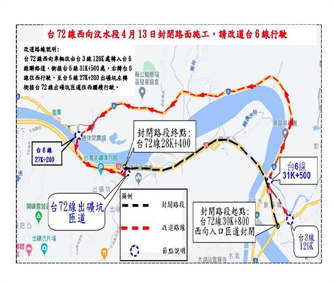 台72線西向封閉施工改道路線圖。（苗栗工務段提供）
