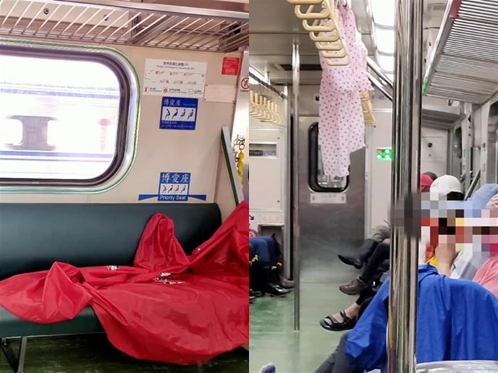 有網友直擊1群登山客佔據整節火車車廂，竟直接將私人用品晾在火車座位上，有類似雨衣的物品放在博愛座上，還有整件掛在握把的欄杆上。（圖／翻攝自臉書「爆怨2公社」）