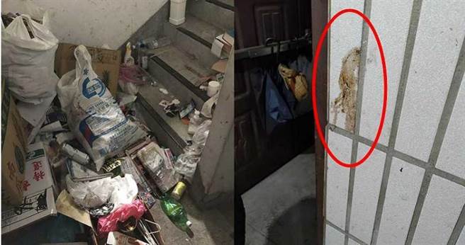 阿春姊的居住环境充满垃圾，墙上甚至有明显污渍，但阿春姊表示，这些都是邻居故意倒她家门口，好逼迫她搬家。（图／读者提供）