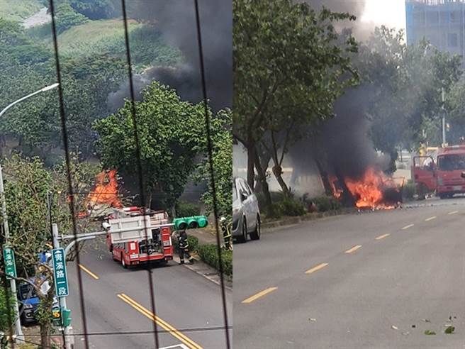 桃园市中坜区青溪路一段今日（12日）上午，1辆轿车在马路上高速行驶后自撞，当场造成火烧车。（图／翻摄自我是青埔人）