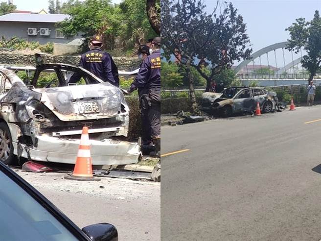 桃园市中坜区青溪路一段今日（12日）上午，1辆轿车在马路上高速行驶后自撞，当场造成火烧车。（图／翻摄自我是青埔人）