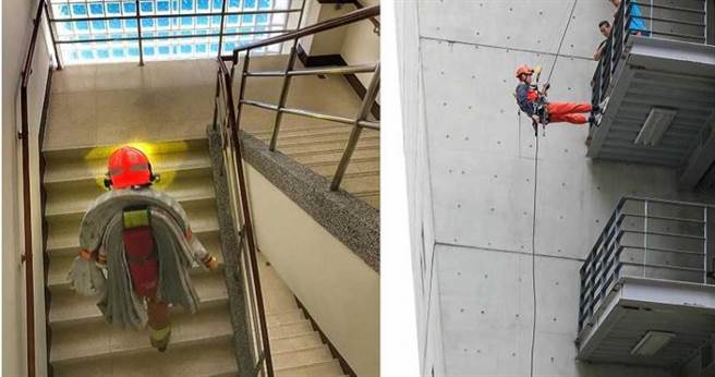 特搜队员面对3层楼高度仍面不改色（右，马景平摄），多次练习缓降只盼他日成为救人的关键，除此之外，他们每日晚上还会背氧气瓶爬楼梯当作负重训练（左，新北市消防局提供）。