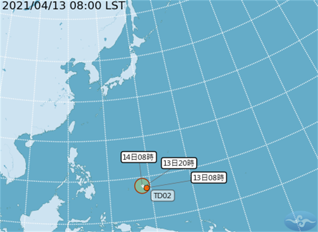 热带性低气压TD02在今天早上8点生成，最快明增强为轻颱「舒力基」。(气象局)
