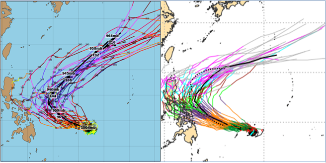最新美国及欧洲模式模拟路径皆显示，「舒力基」会先向西北西朝菲律宾接近，5天后向东北大迴转，朝日本东方海面走。(图撷自Tropical tidbits＆ECMWF)

