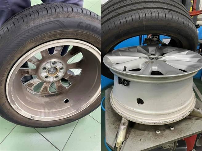 1名網友開車行駛在國道上突然車輛爆胎，緊急拖去修車廠後，發現不只輪胎破洞，就連輪框也破了大洞，嚇得他公開照片詢問爆胎原因為何？（圖／翻攝自臉書「爆怨公社」）