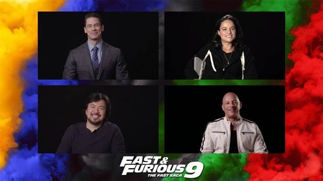 約翰希南（左上順時針）、蜜雪兒羅德里奎茲、馮迪索、林詣彬出席預告發布記者會。（UIP提供）