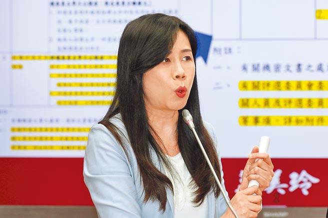 国民党立委万美玲14日在立法院质询时，质疑之前担任国际影音平台限制性招标的9位评审，有人违反规定将资料泄密给媒体，要求文化部若有违法就移送法办。（黄世麒摄）