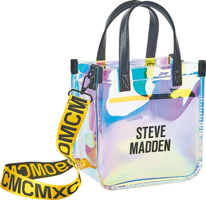 家乐福「STEVE MADDEN品牌炫彩侧背包」，透明炫彩、附白色收纳袋，市价1280元，5000点+499元换购，全台限量3192个。（家乐福提供）