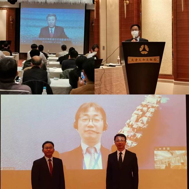 （上图左IoS-OP联盟主席川越美一透过视讯在会上致词，右为日本海事协会台湾公司总经理河上淳一欢迎与会贵宾；下图左起河上淳一与ShipDC池田社长、日本海事协会台北事务所所长陈建良做视讯合影。图／张佩芬）
