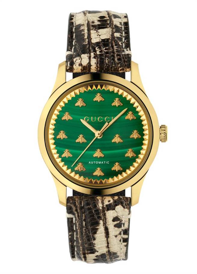 GUCCI的G-Timeless系列孔雀石18K金腕表，58万9000元。（GUCCI提供）